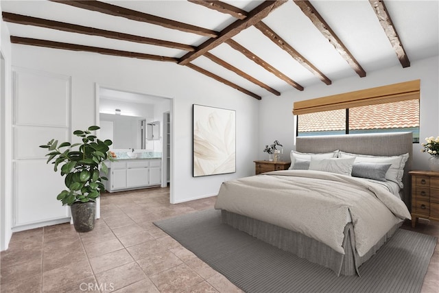 bedroom with vaulted ceiling with beams, sink, ensuite bath, and light tile patterned floors