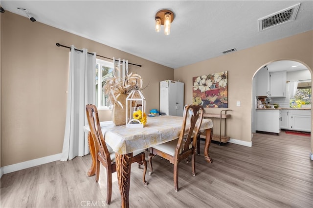 dining room with light wood-type flooring and a textured ceiling