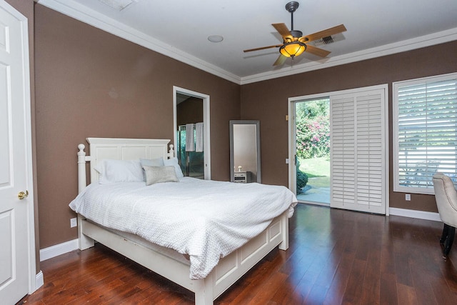 bedroom with ceiling fan, access to outside, dark wood-type flooring, and multiple windows