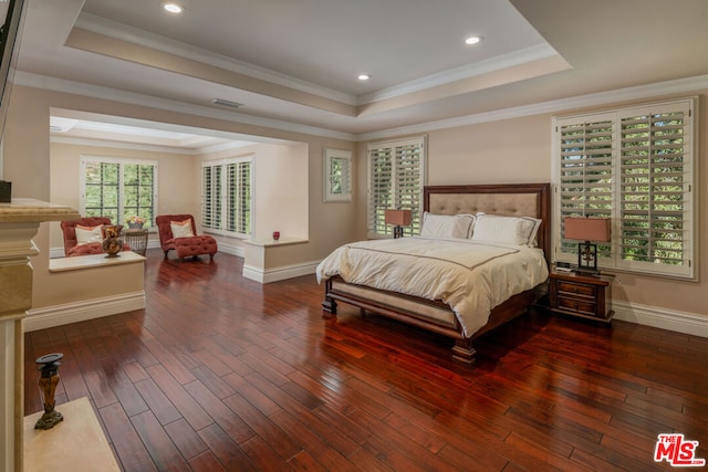 bedroom featuring crown molding, a tray ceiling, and dark hardwood / wood-style flooring