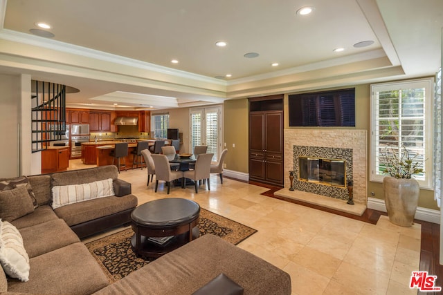 living room featuring a raised ceiling and ornamental molding