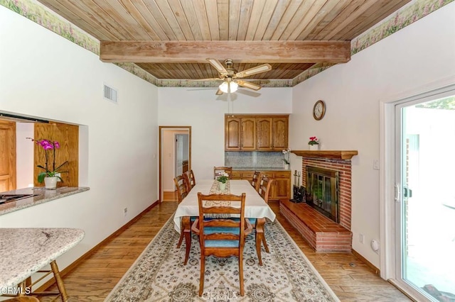 dining space featuring beam ceiling, light hardwood / wood-style flooring, and wood ceiling