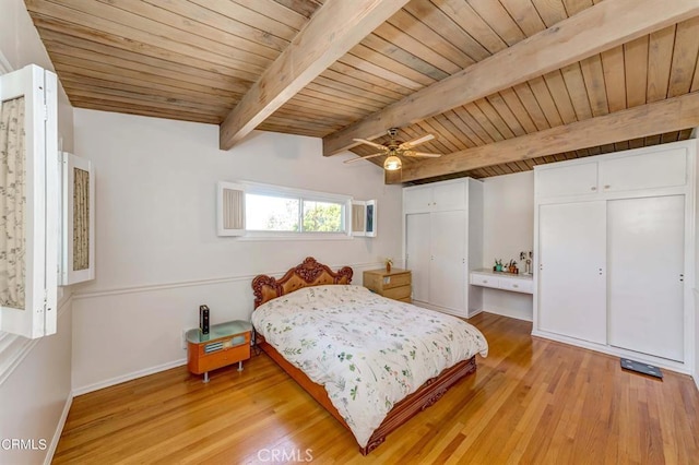 bedroom with vaulted ceiling with beams, light hardwood / wood-style floors, ceiling fan, and wood ceiling