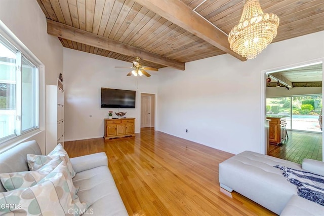 living room with lofted ceiling with beams, hardwood / wood-style floors, wood ceiling, and ceiling fan with notable chandelier