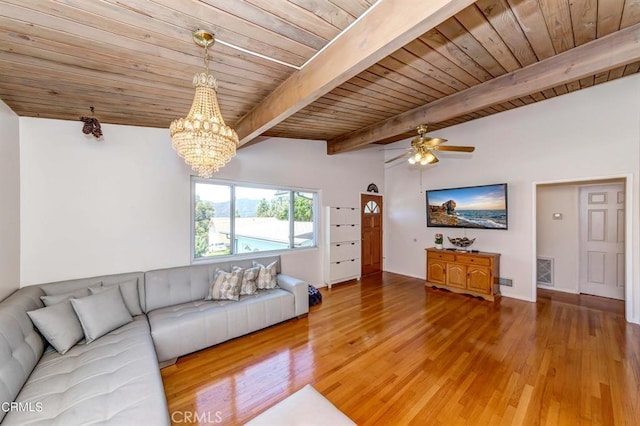 living room featuring ceiling fan with notable chandelier, wood-type flooring, lofted ceiling with beams, and wooden ceiling