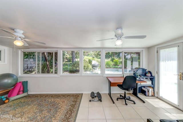 office area featuring ceiling fan and light tile patterned floors