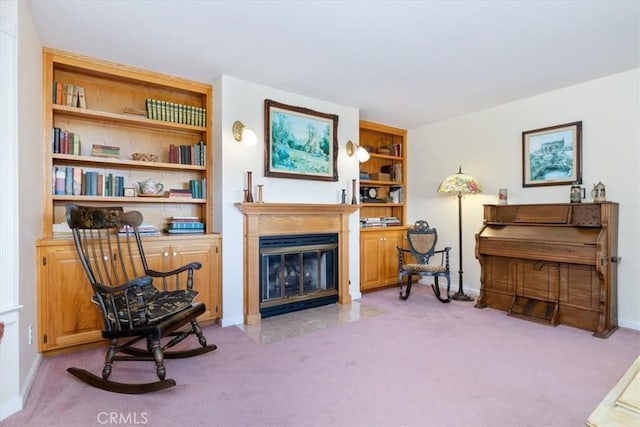 sitting room with built in shelves and light colored carpet