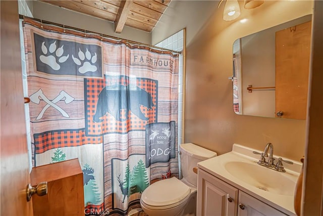 bathroom with a shower with shower curtain, vanity, lofted ceiling with beams, wooden ceiling, and toilet