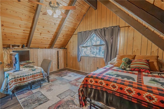 bedroom with ceiling fan, dark hardwood / wood-style flooring, lofted ceiling with beams, and wood walls