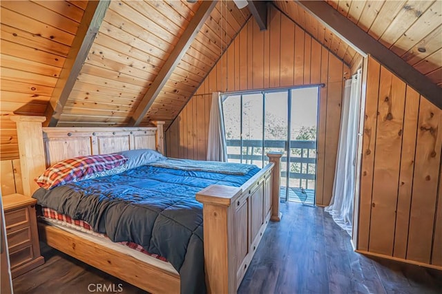 bedroom featuring wood walls, dark hardwood / wood-style flooring, lofted ceiling with beams, and wooden ceiling