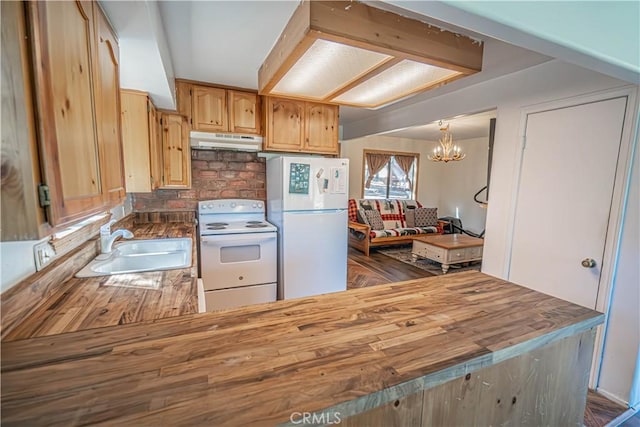 kitchen featuring sink, wood counters, a notable chandelier, decorative light fixtures, and white appliances