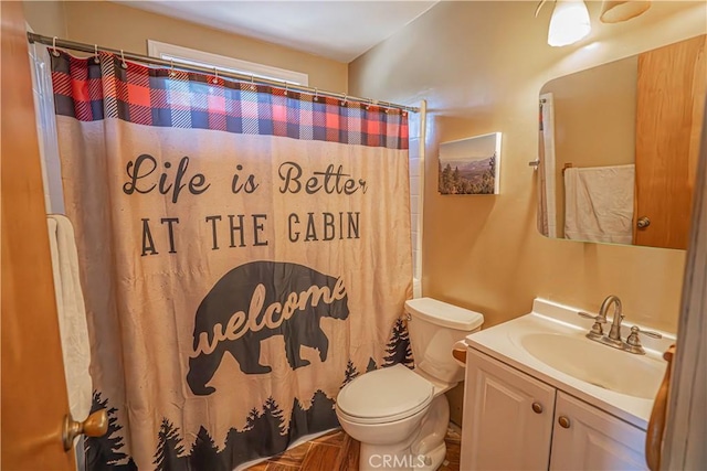 bathroom featuring a shower with curtain, vanity, and toilet