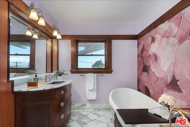 bathroom featuring a tub to relax in, vanity, and plenty of natural light