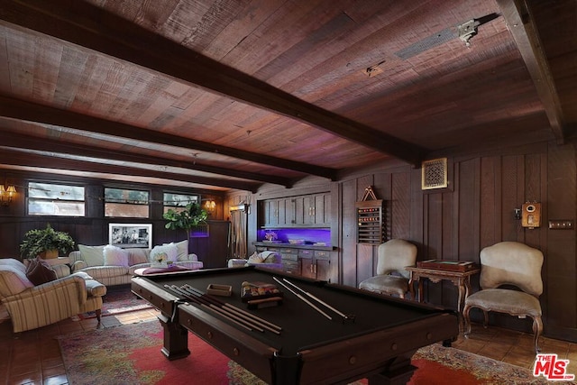 rec room featuring beamed ceiling, tile patterned flooring, pool table, and wooden ceiling