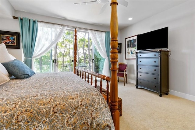 carpeted bedroom featuring ceiling fan, recessed lighting, access to exterior, and baseboards