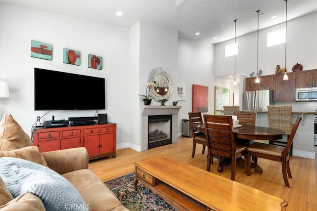 living room with a high ceiling and light hardwood / wood-style flooring