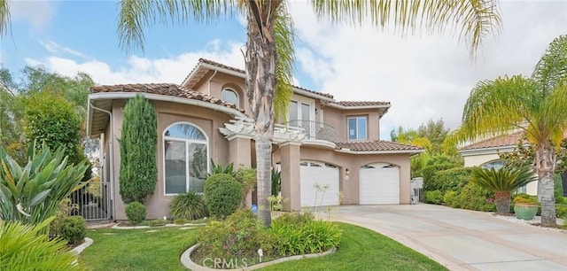 mediterranean / spanish-style home featuring a balcony, a front yard, and a garage