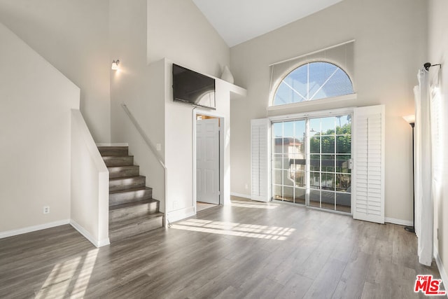 foyer featuring hardwood / wood-style floors and high vaulted ceiling