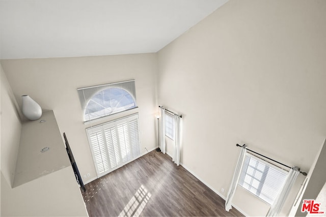 foyer entrance with dark hardwood / wood-style flooring and high vaulted ceiling