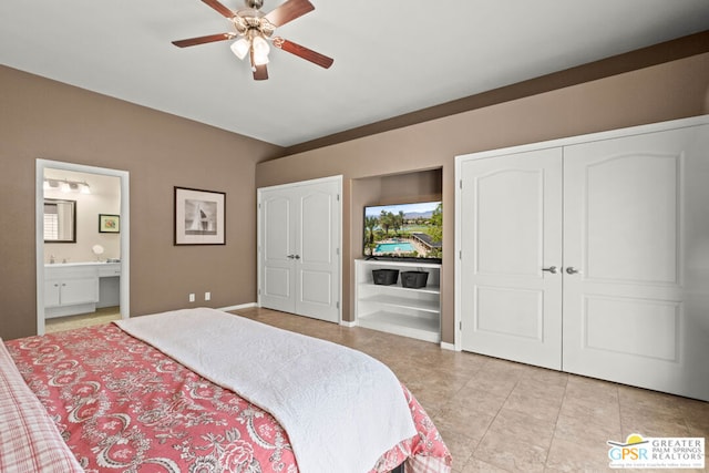 bedroom featuring ensuite bath and ceiling fan