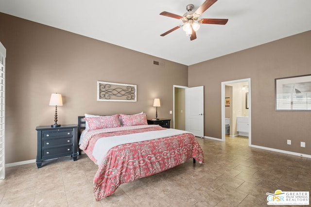 bedroom featuring ensuite bath and ceiling fan