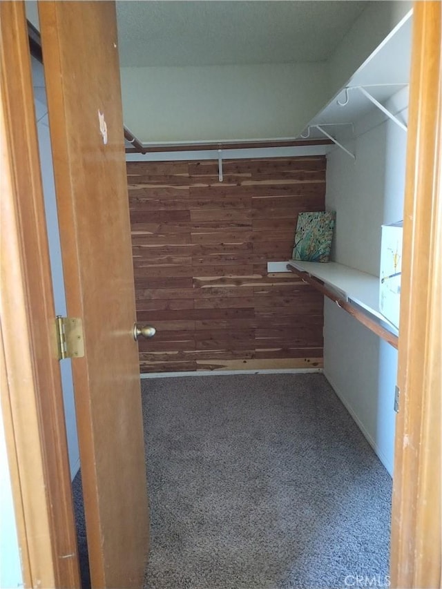 spacious closet featuring dark carpet