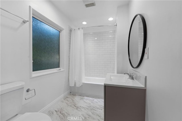 bathroom featuring vanity, baseboards, shower / bath combination with curtain, toilet, and marble finish floor