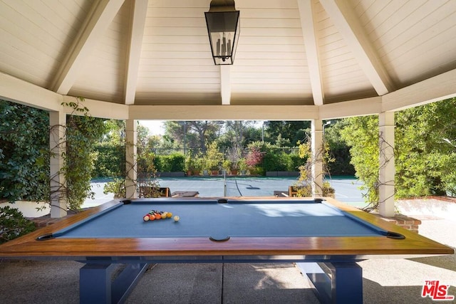 rec room with high vaulted ceiling, pool table, and beamed ceiling