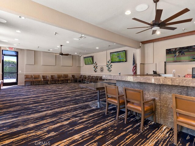 bar with carpet and ceiling fan