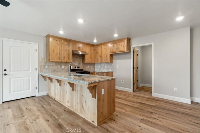 kitchen with light wood-type flooring, light stone counters, kitchen peninsula, and stainless steel range