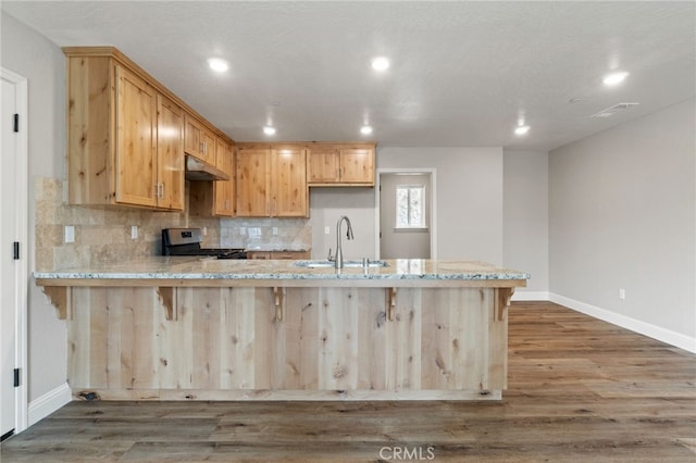 kitchen featuring light brown cabinets, dark hardwood / wood-style flooring, kitchen peninsula, and stainless steel range oven