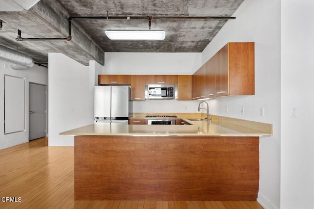 kitchen featuring kitchen peninsula, sink, light wood-type flooring, and stainless steel appliances