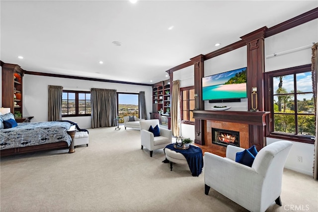 carpeted bedroom featuring ornamental molding