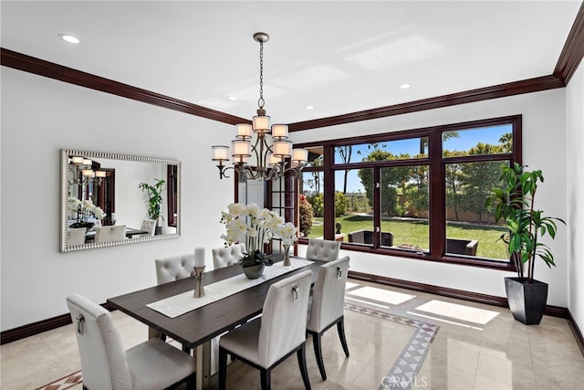 tiled dining area with ornamental molding and a chandelier