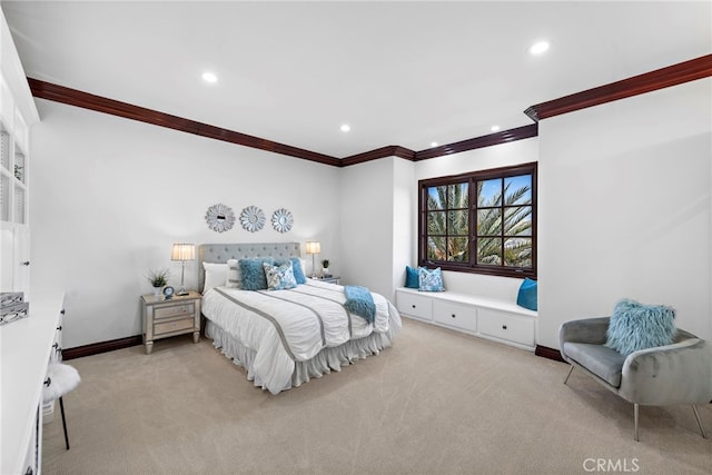 bedroom featuring light carpet and crown molding