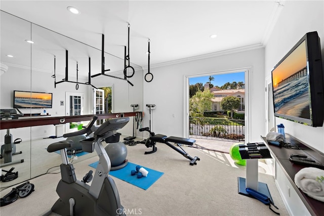 workout area featuring plenty of natural light, ornamental molding, and carpet