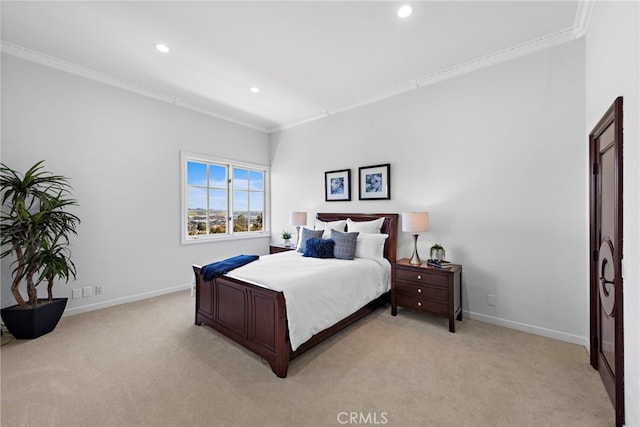 carpeted bedroom featuring ornamental molding