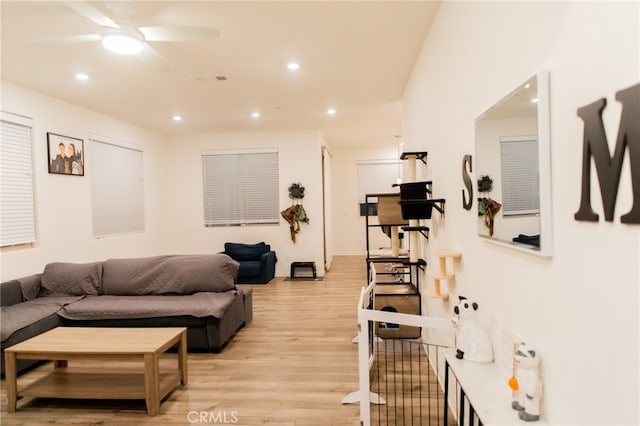 living room featuring ceiling fan and light hardwood / wood-style floors