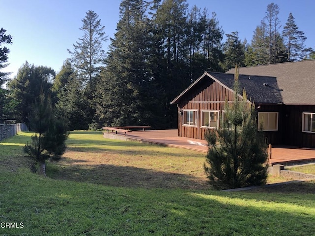 view of yard with a deck and fence