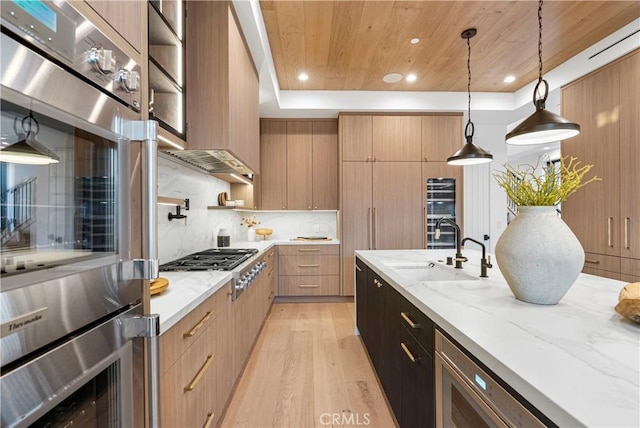 kitchen with stainless steel appliances, a sink, light wood-style floors, wooden ceiling, and backsplash