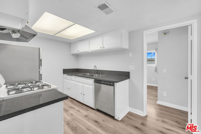 kitchen featuring light wood-type flooring, dishwasher, and white cabinetry