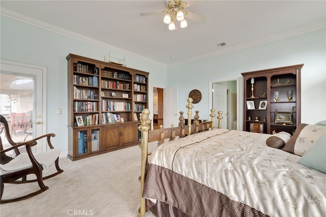 bedroom with ceiling fan, light colored carpet, and crown molding