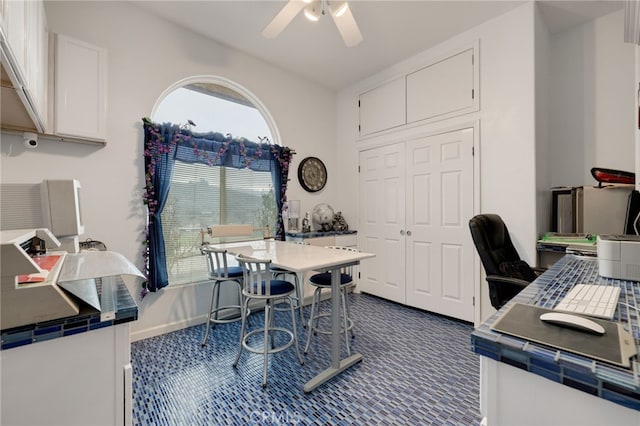 carpeted home office featuring a healthy amount of sunlight and ceiling fan