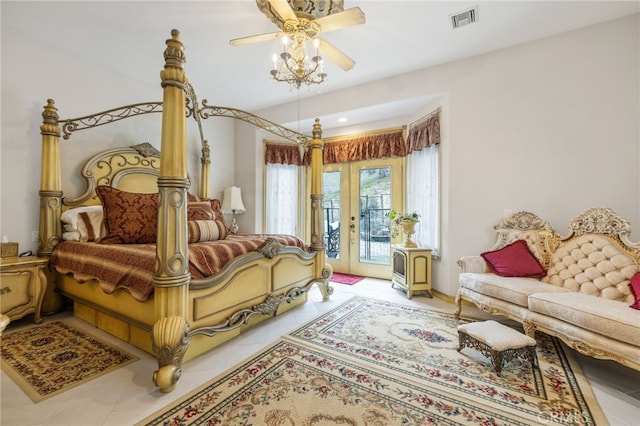 tiled bedroom featuring ceiling fan, french doors, and access to exterior