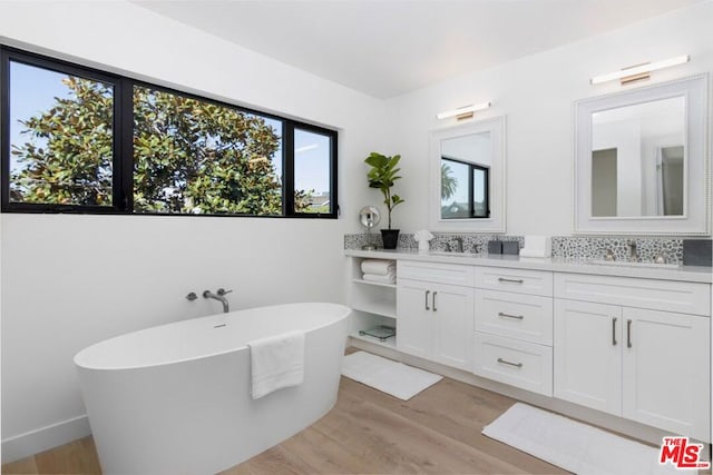 bathroom featuring wood-type flooring, vanity, and a washtub