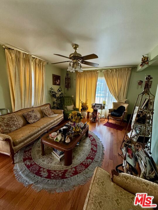 living room with ceiling fan and hardwood / wood-style floors