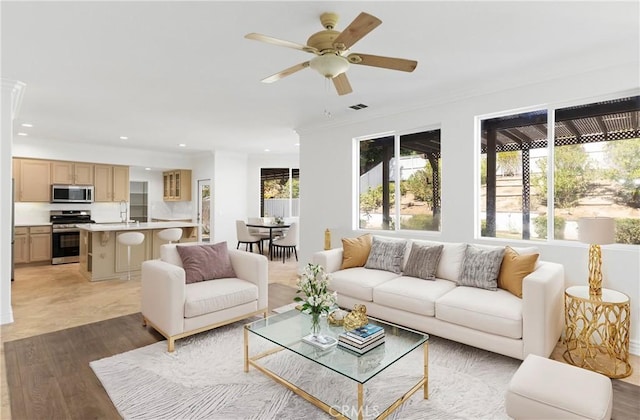 living room featuring ceiling fan, hardwood / wood-style floors, ornamental molding, and sink