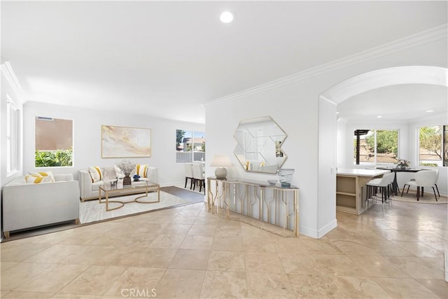 living room featuring crown molding