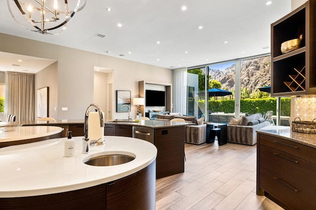 kitchen featuring light hardwood / wood-style flooring, dark brown cabinetry, a kitchen island with sink, and sink