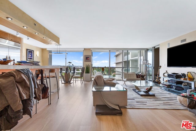 living room with light hardwood / wood-style flooring and floor to ceiling windows